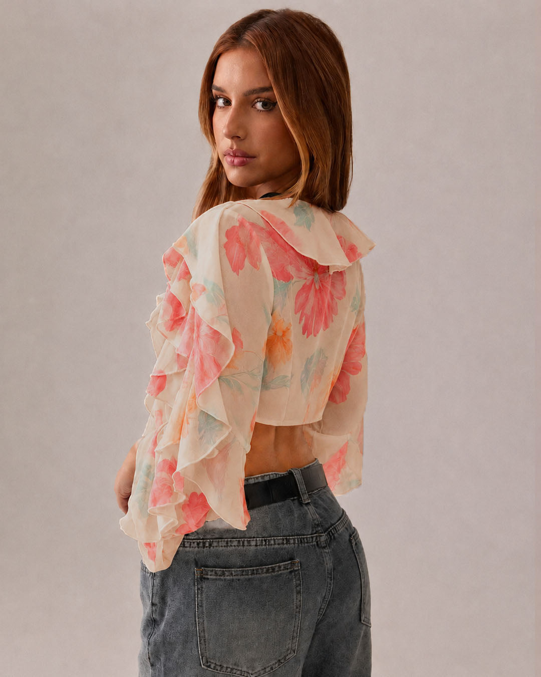 Floral Ruffle Tie Front Sheer Top in Vanilla Yellow