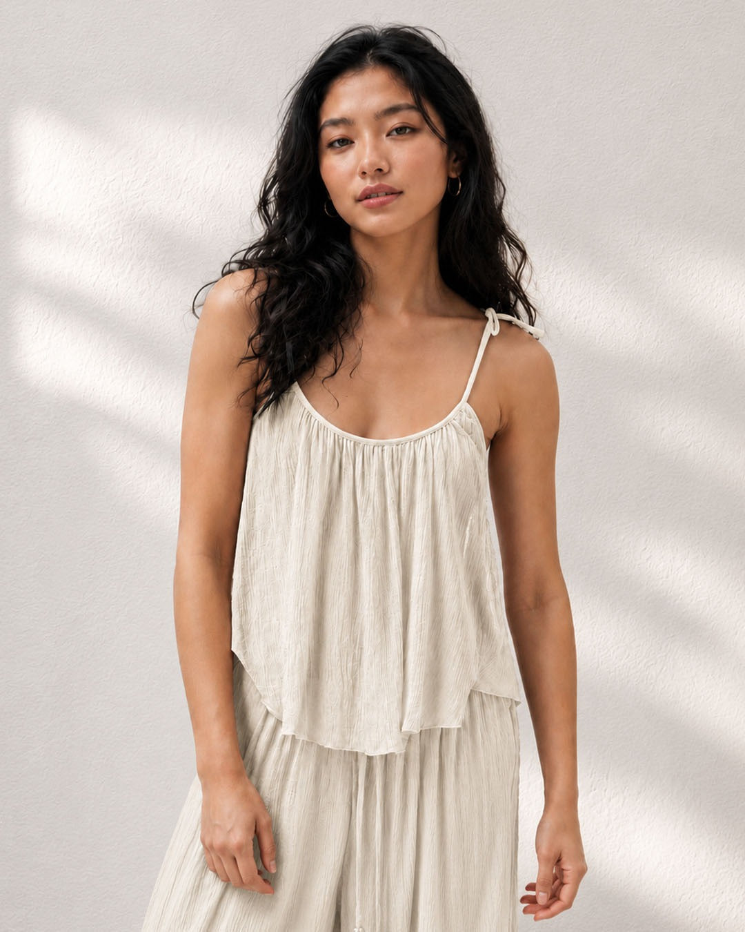 Crinkled Tie-Strap Top in Beige