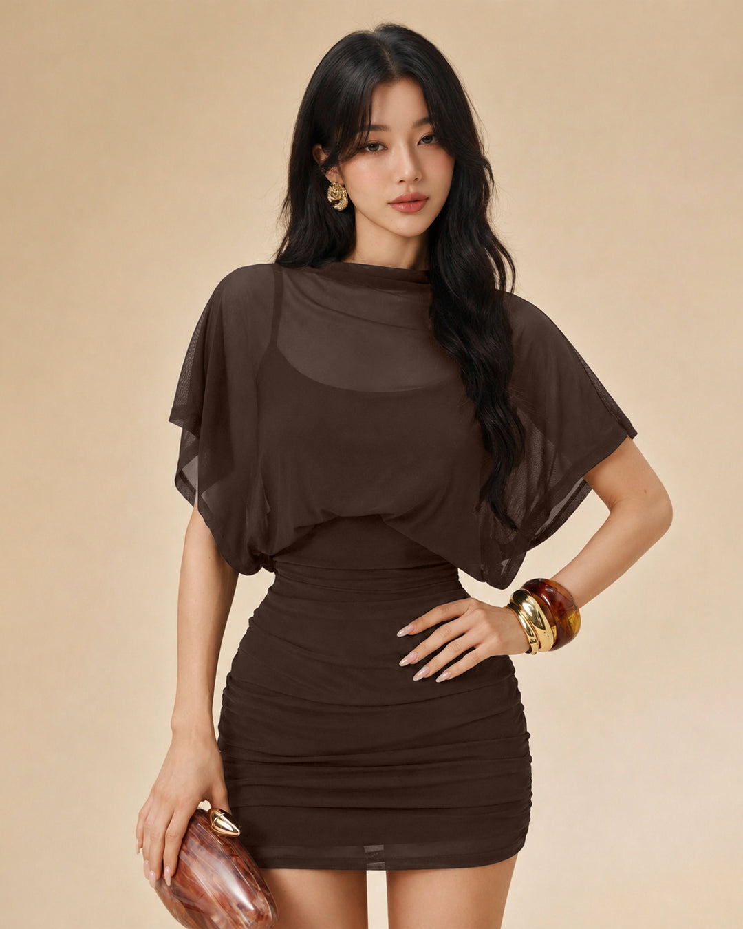 Ruched Waist Batwing Sleeve Mini Dress in Chocolate Brown