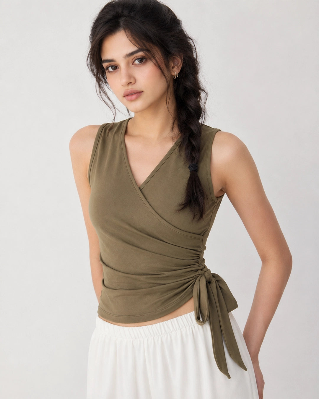 Wrap Tie Side Sleeveless Top in Mocha Brown