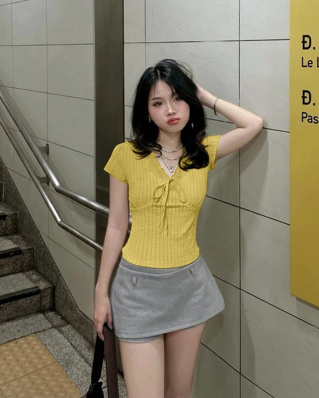 Pointelle Tie Front Short Sleeve Top in Mustard Yellow