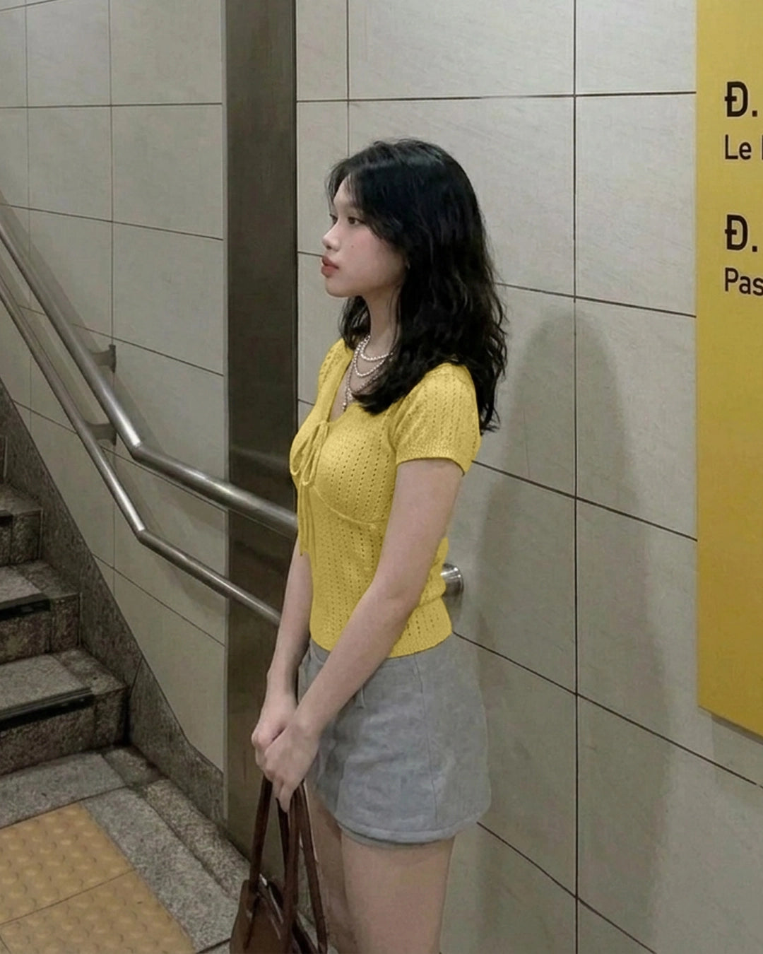 Pointelle Tie Front Short Sleeve Top in Mustard Yellow