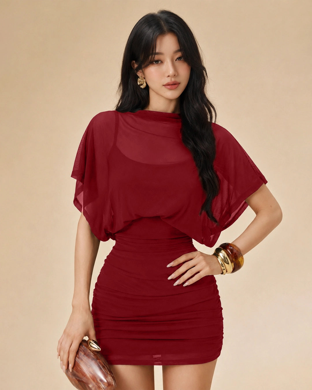 Ruched Waist Batwing Sleeve Mini Dress in Crimson Red