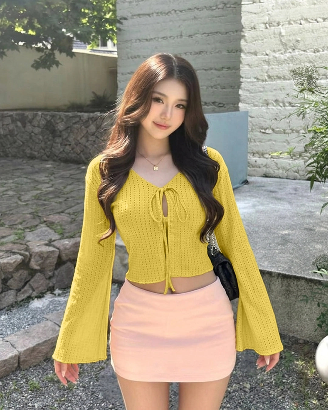 Pointelle Tie Front Bell Sleeve Crop Top in Mustard Yellow