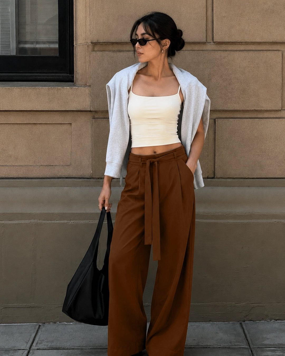 Classic Wide Leg Tie Waist Pants in Chocolate Brown