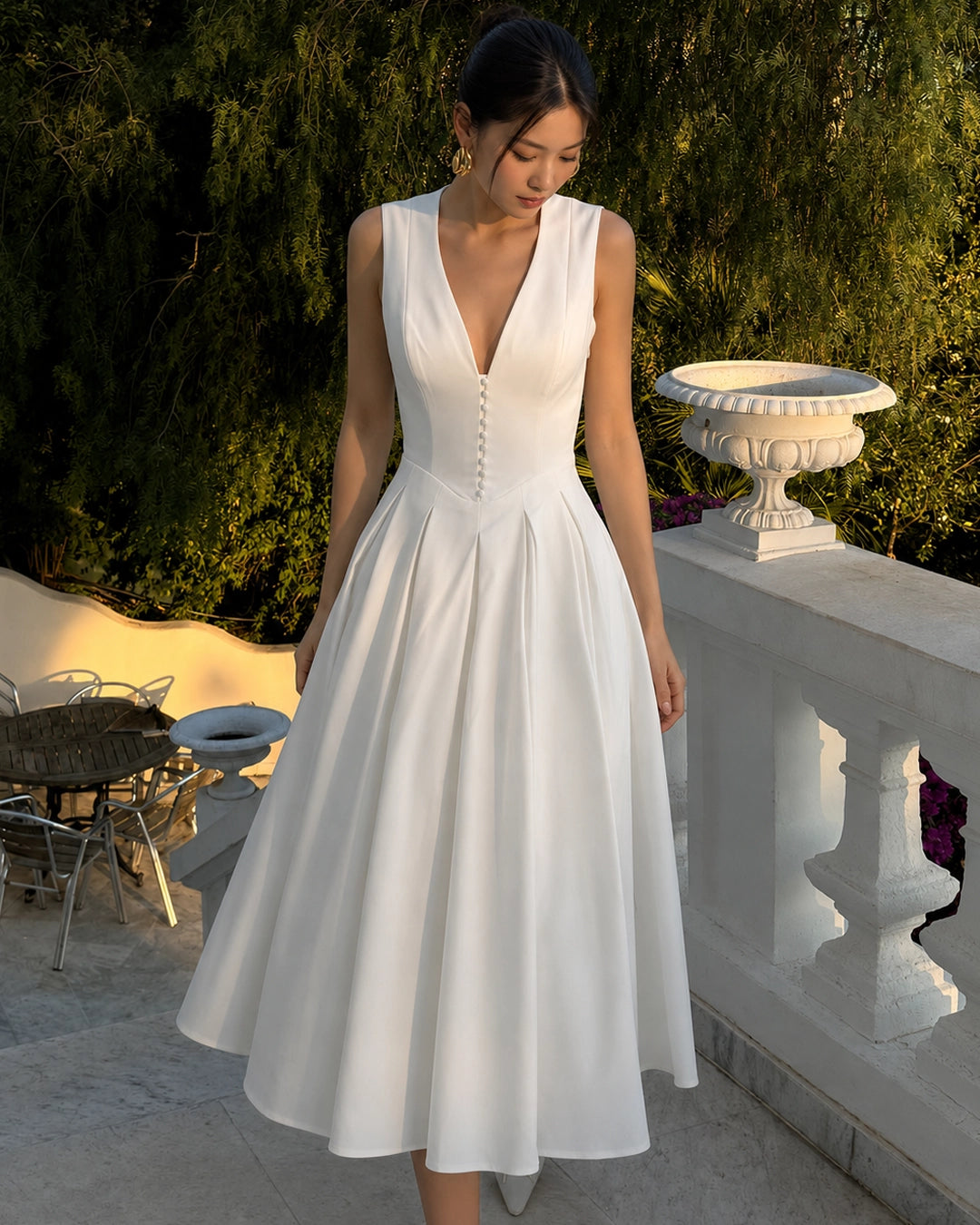 Sleeveless V Neck Satin Midi Dress in Classic White