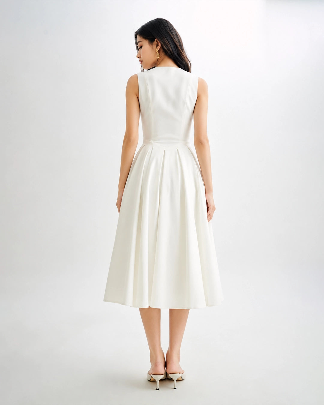 Sleeveless V Neck Satin Midi Dress in Classic White