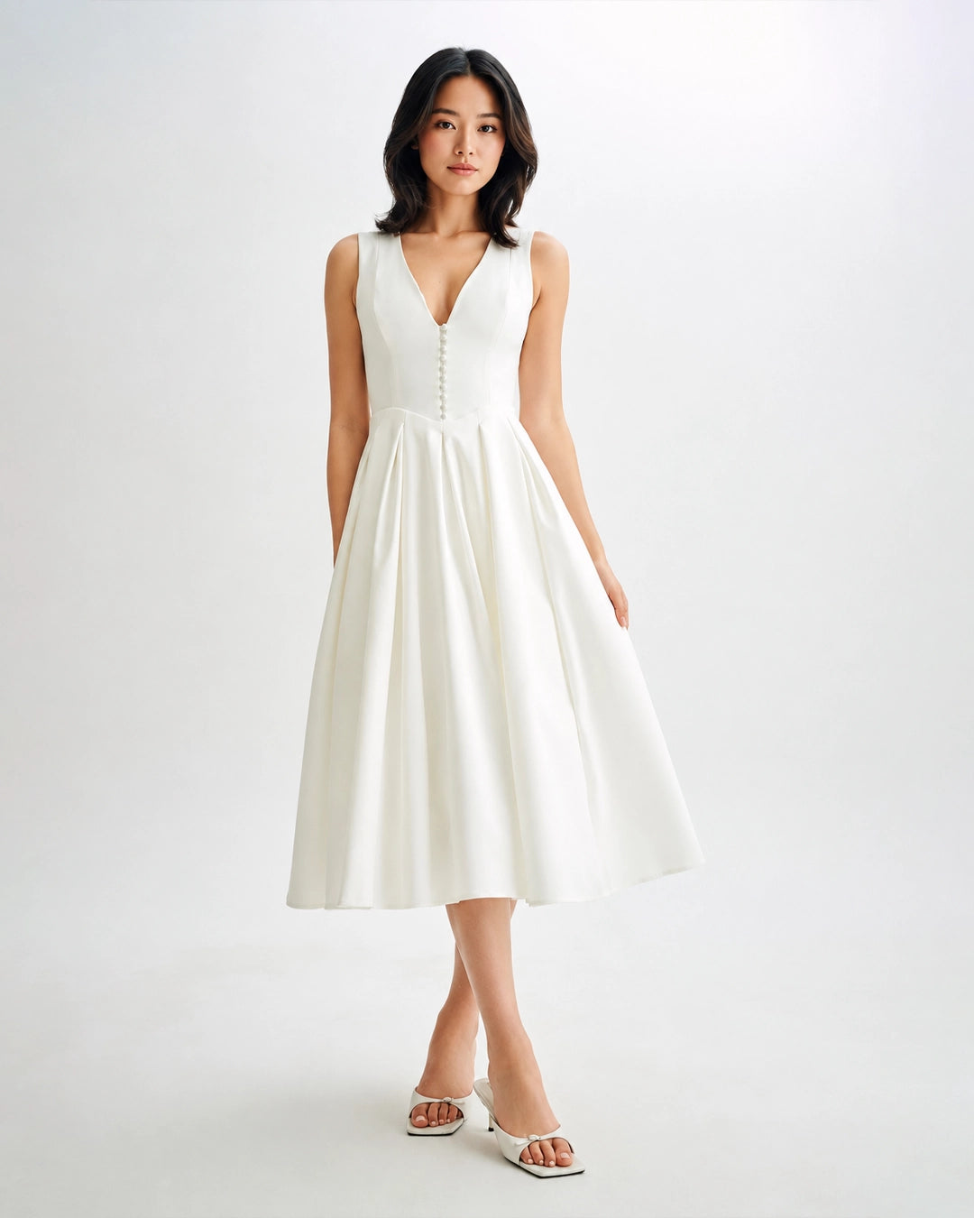 Sleeveless V Neck Satin Midi Dress in Classic White