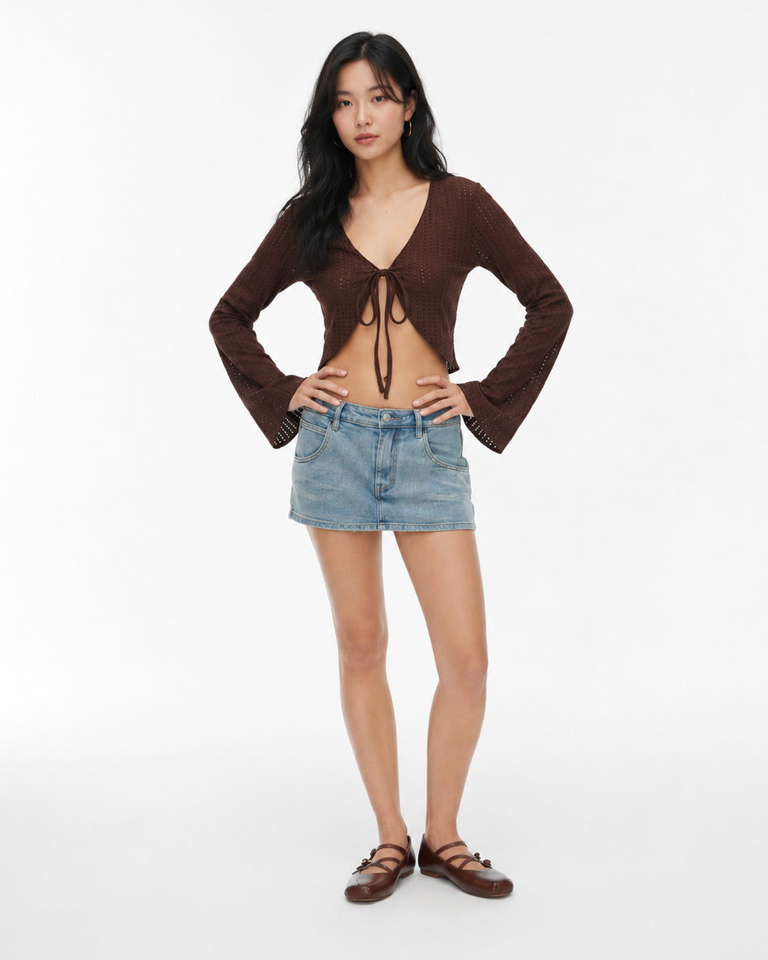 Tie Front V Neck Crop Top in Cocoa Brown
