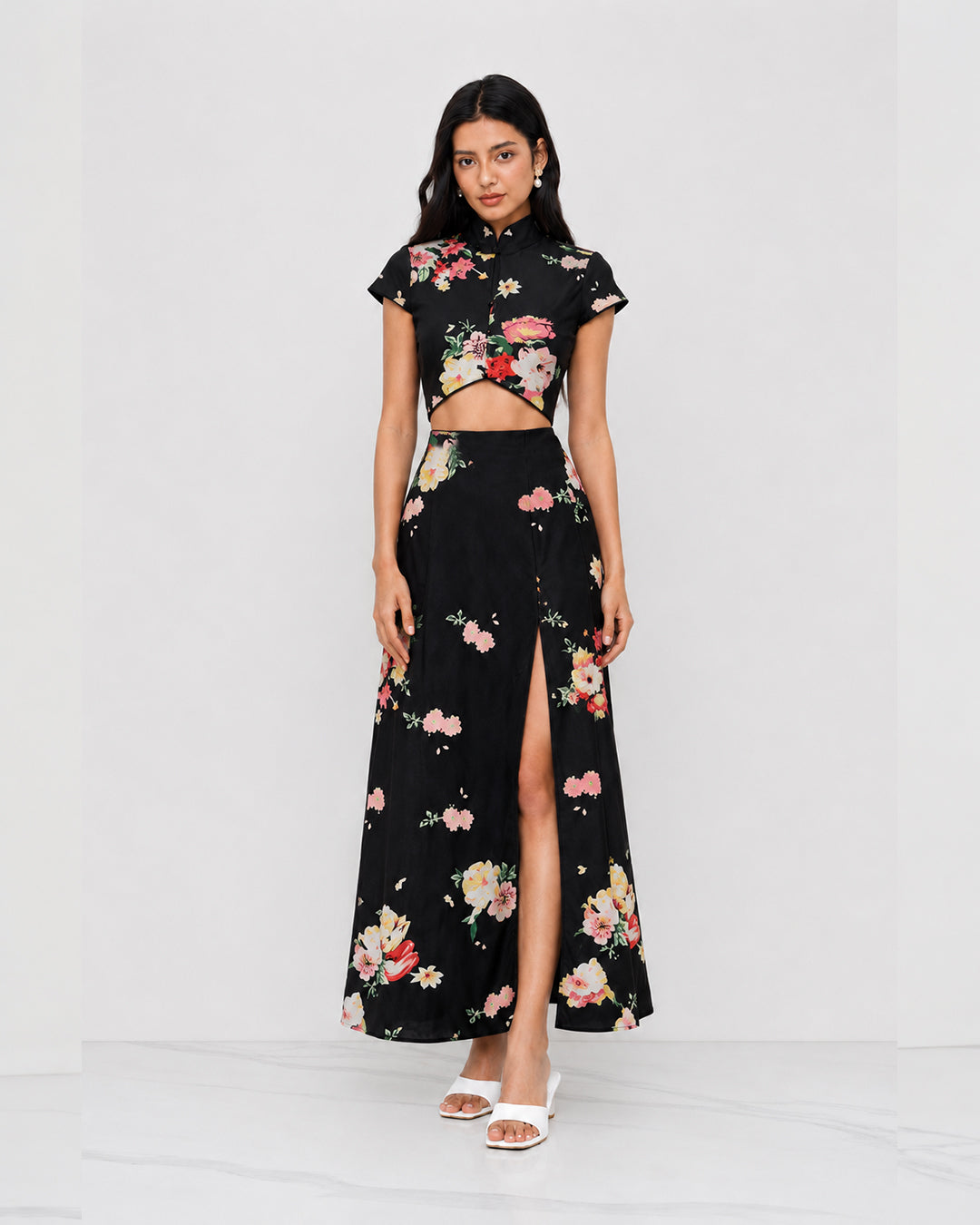 Mandarin Collar Floral Top & Slit Maxi Skirt Co-Ord in Classic Black