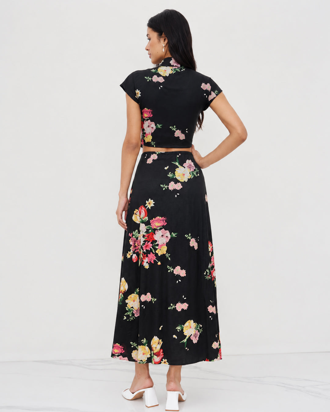 Mandarin Collar Floral Top & Slit Maxi Skirt Co-Ord in Classic Black