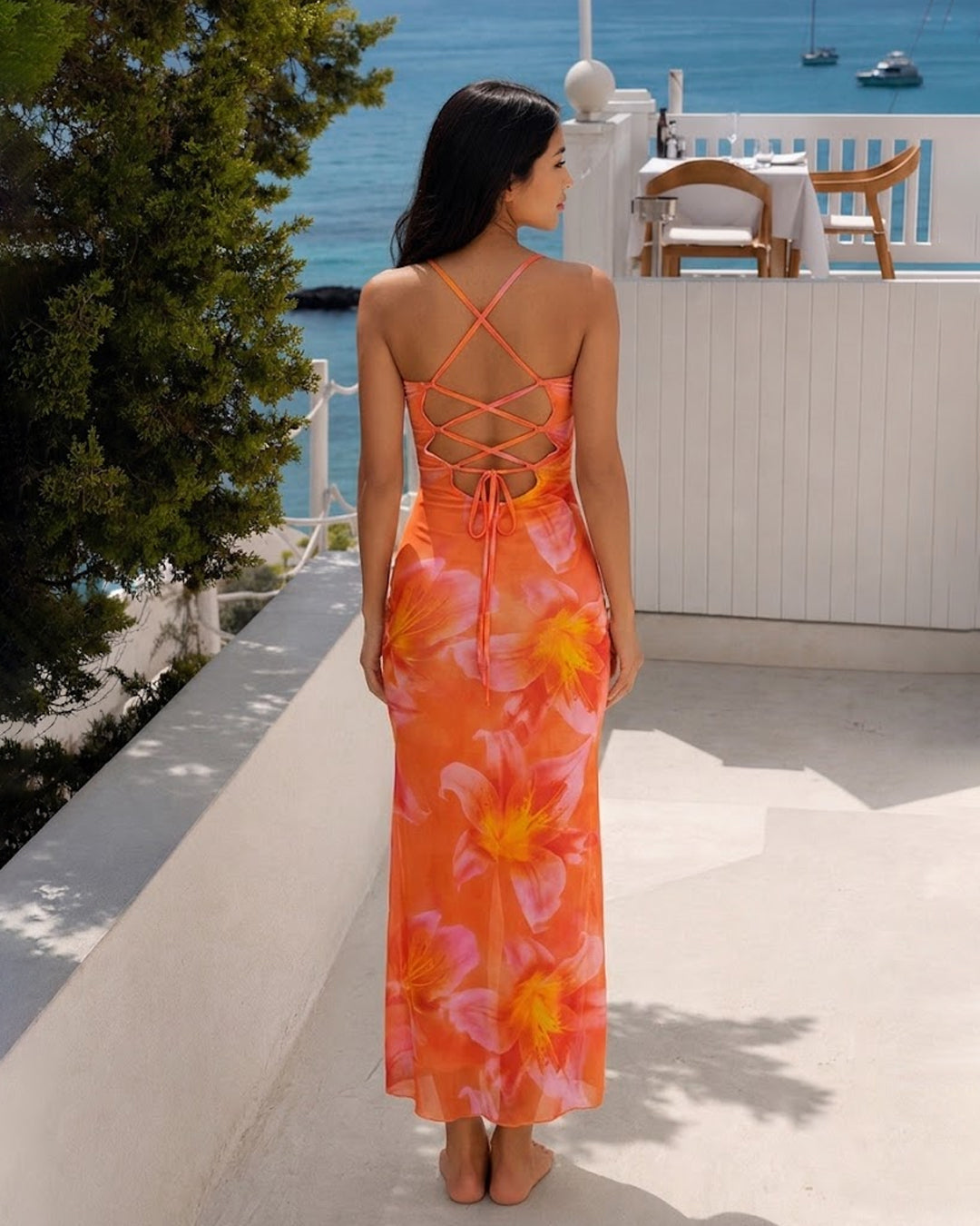 Floral Strappy Open Back Maxi Dress in Burnt Orange