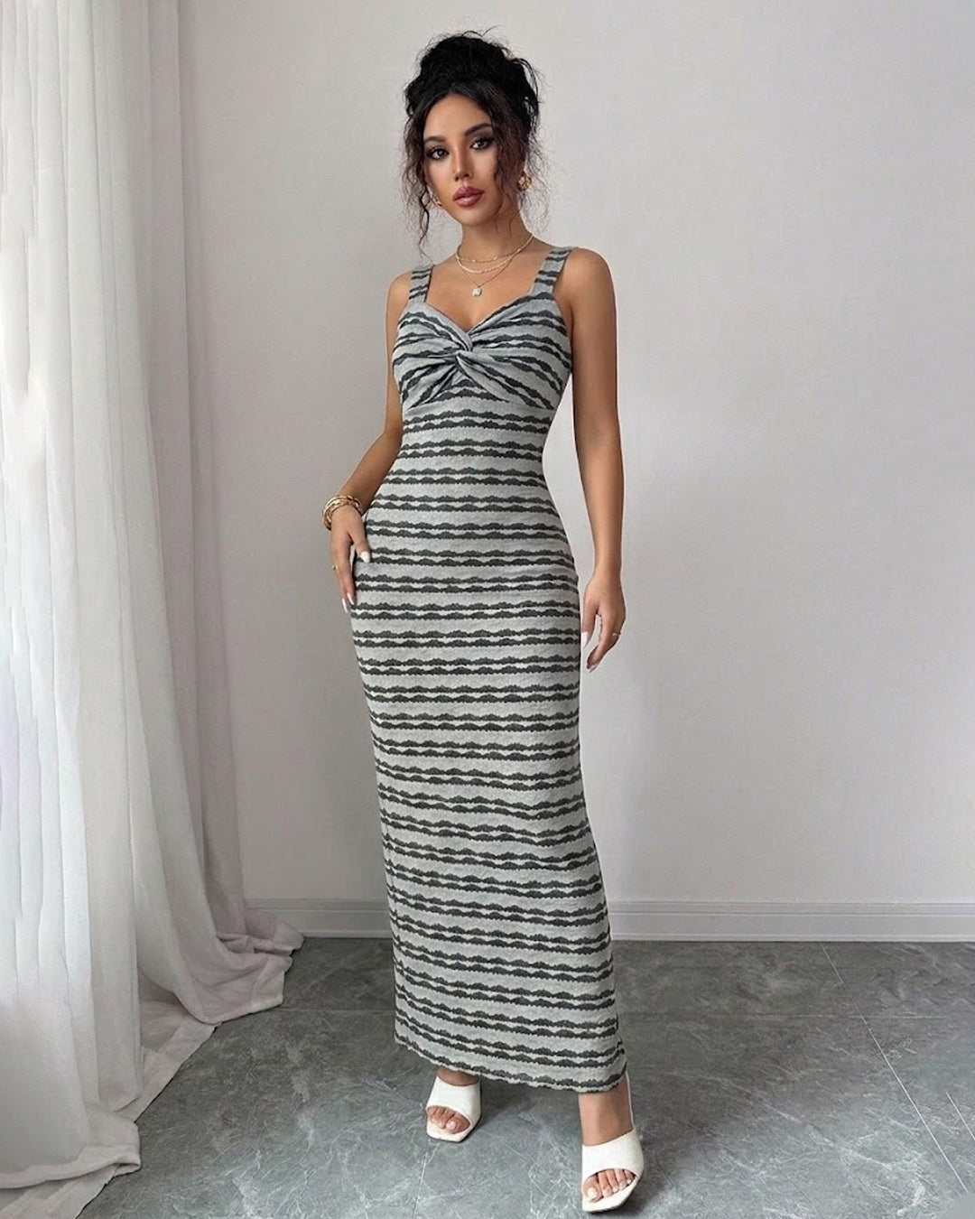 Twist Bust Back Slit Maxi Dress in Slate Grey