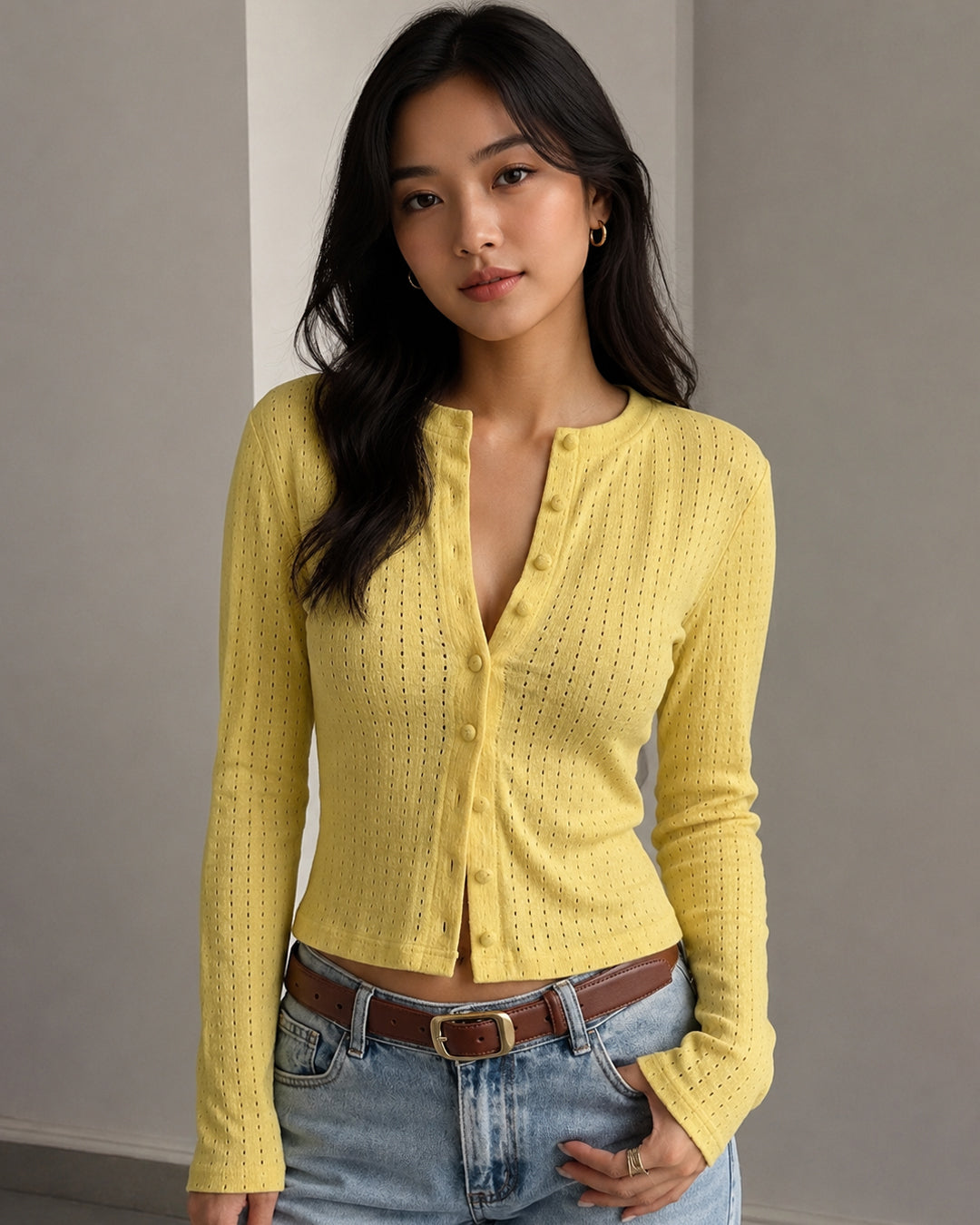 Pointelle Button Front Fitted Top in Mustard Yellow
