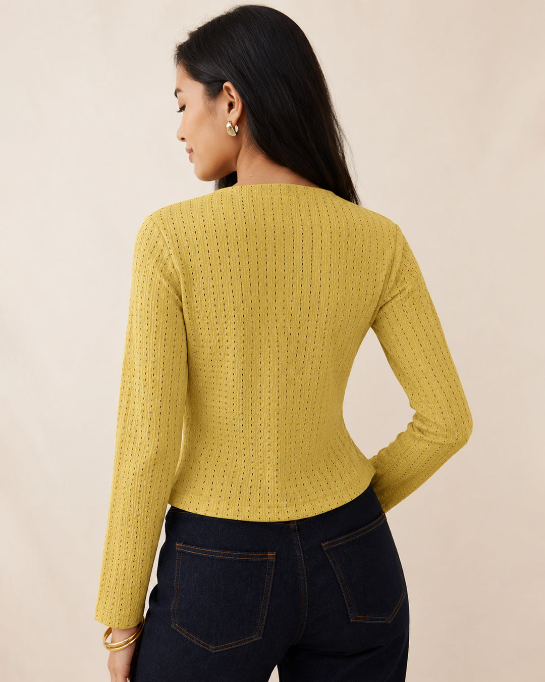 Pointelle Button Front Fitted Top in Mustard Yellow