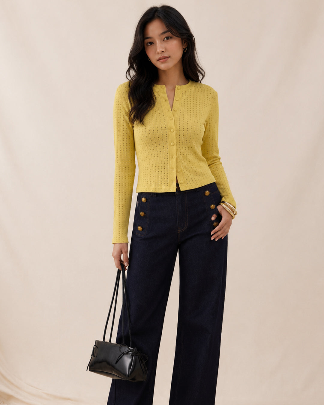 Pointelle Button Front Fitted Top in Mustard Yellow