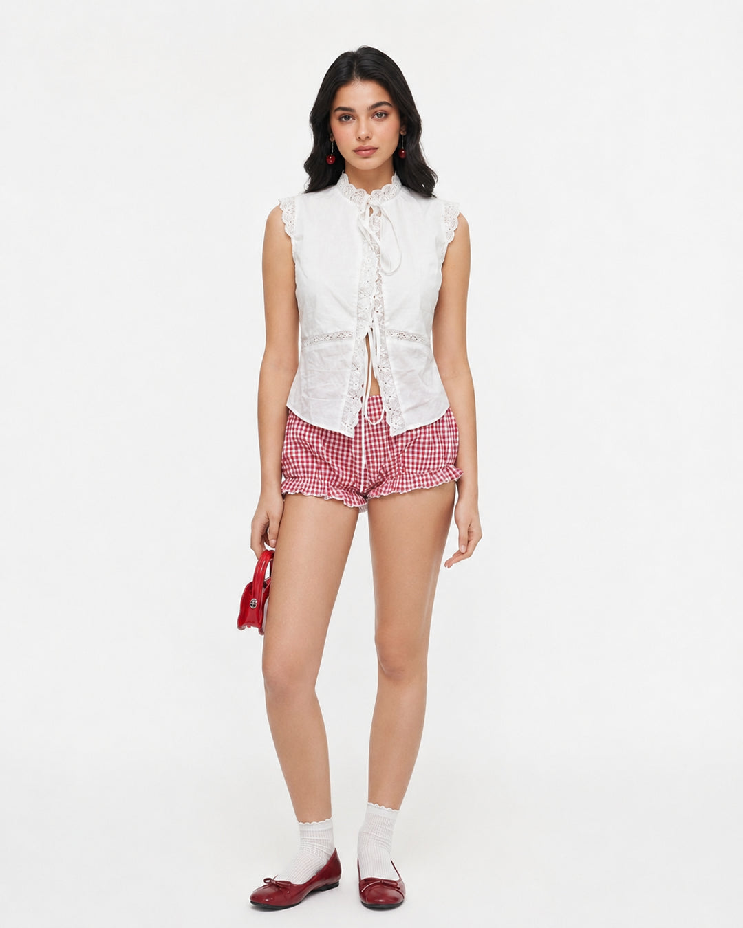 Mock Neck Sleeveless Eyelet Lace Trim Top in Classic White