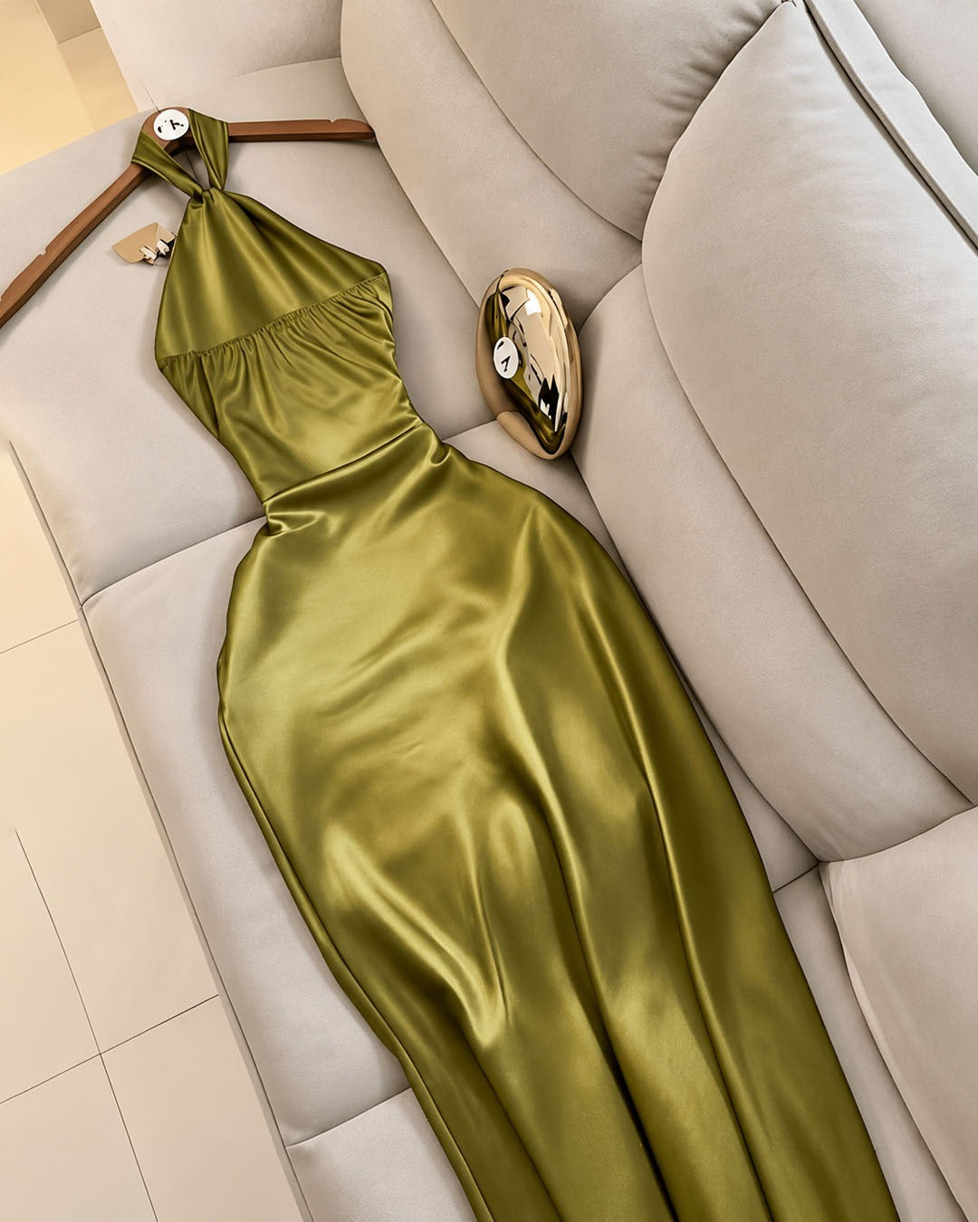 Halter Neck Satin Maxi Dress in Dark Citron