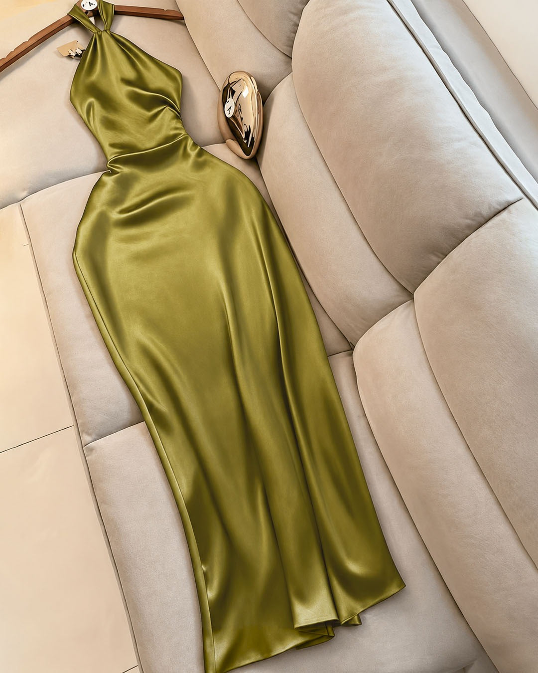 Halter Neck Satin Maxi Dress in Dark Citron
