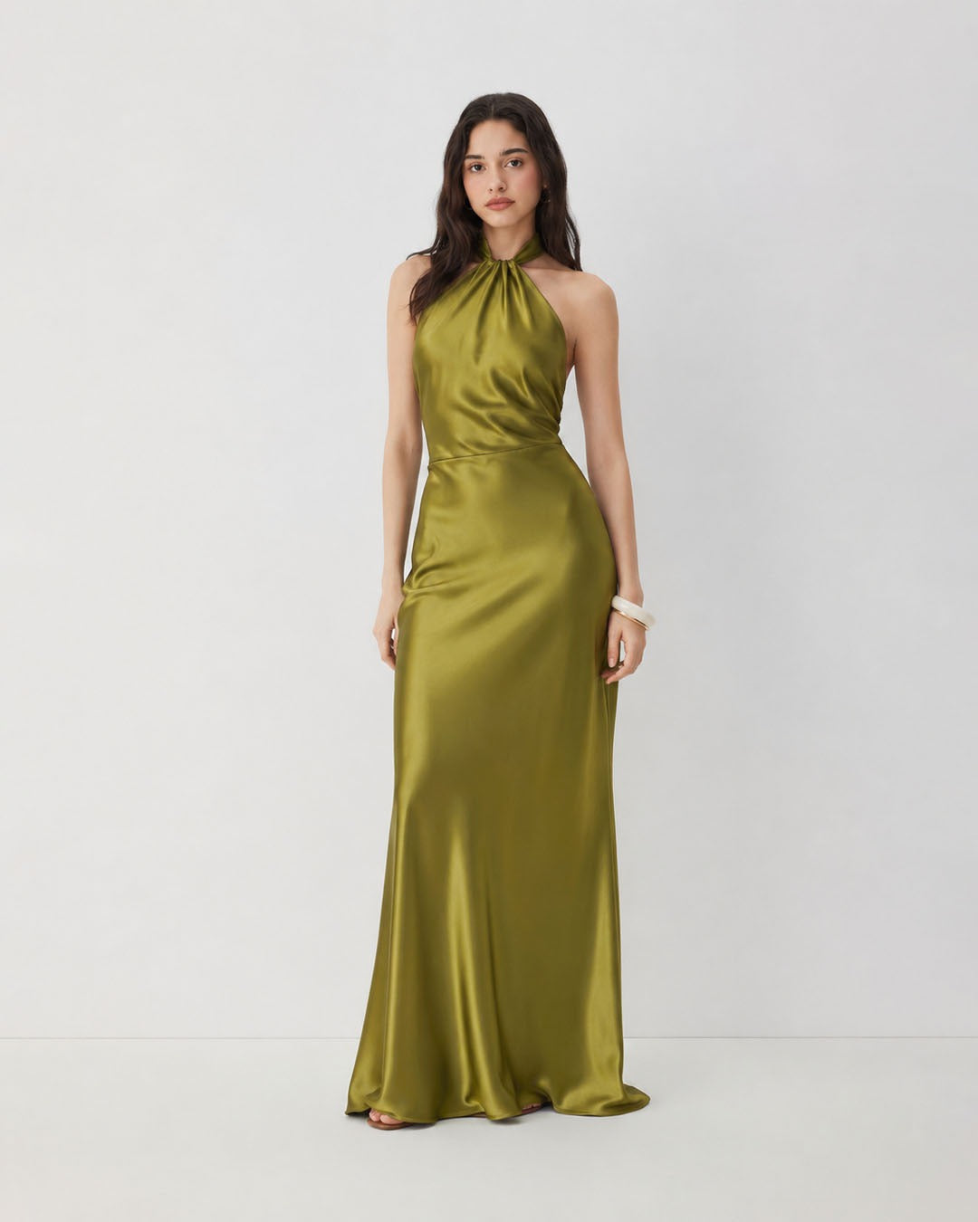 Halter Neck Satin Maxi Dress in Dark Citron