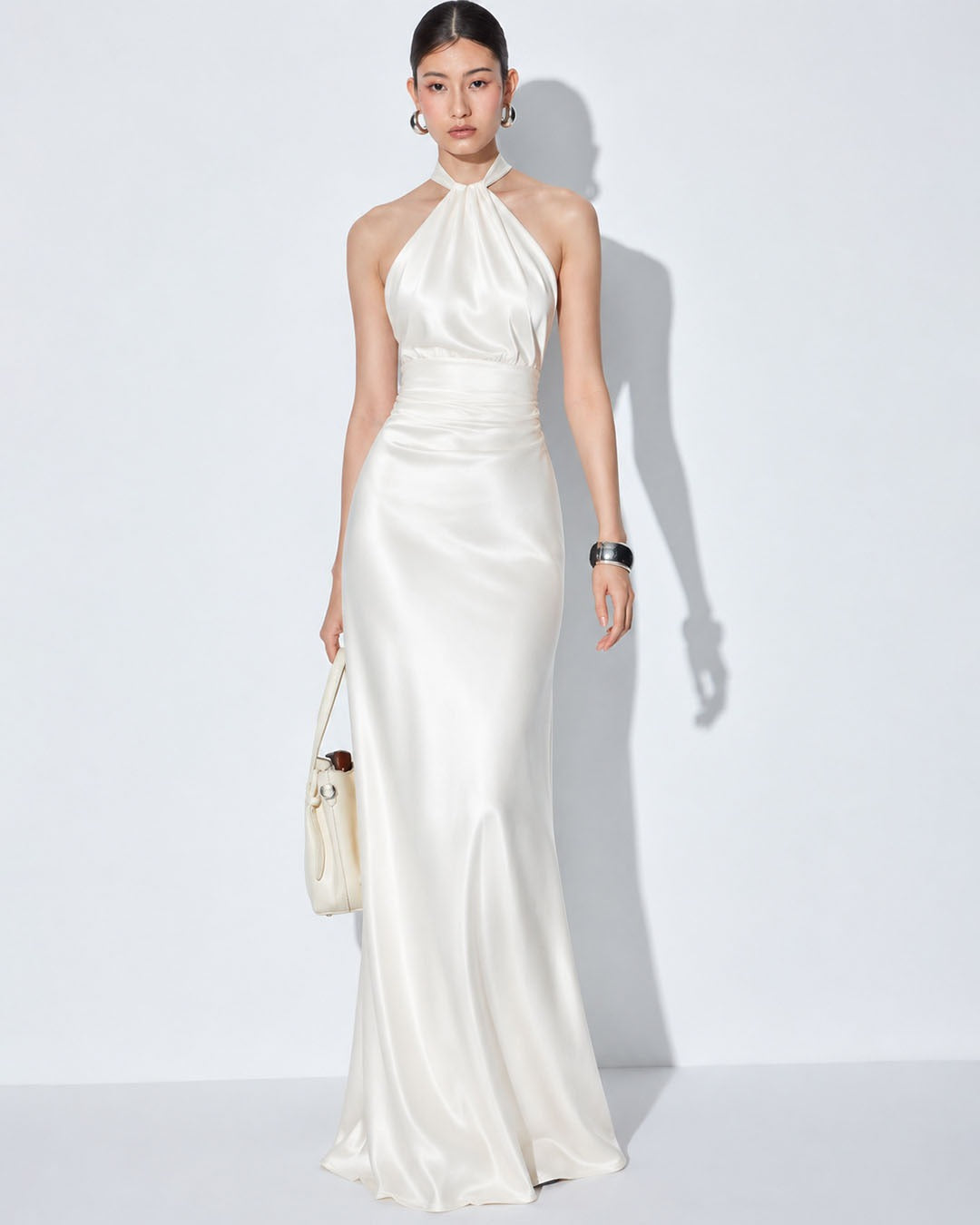 Halter Neck Satin Maxi Dress in Classic White