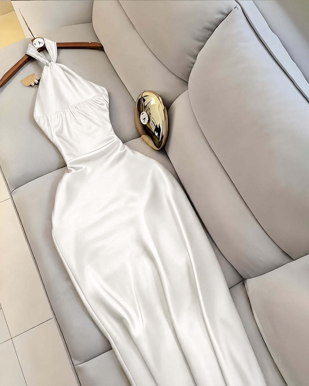Halter Neck Satin Maxi Dress in Classic White