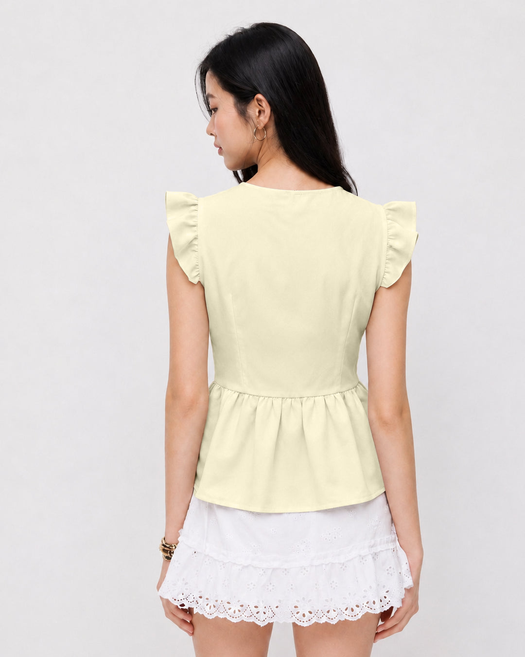 Square Neck Button Front Peplum Top in Cream
