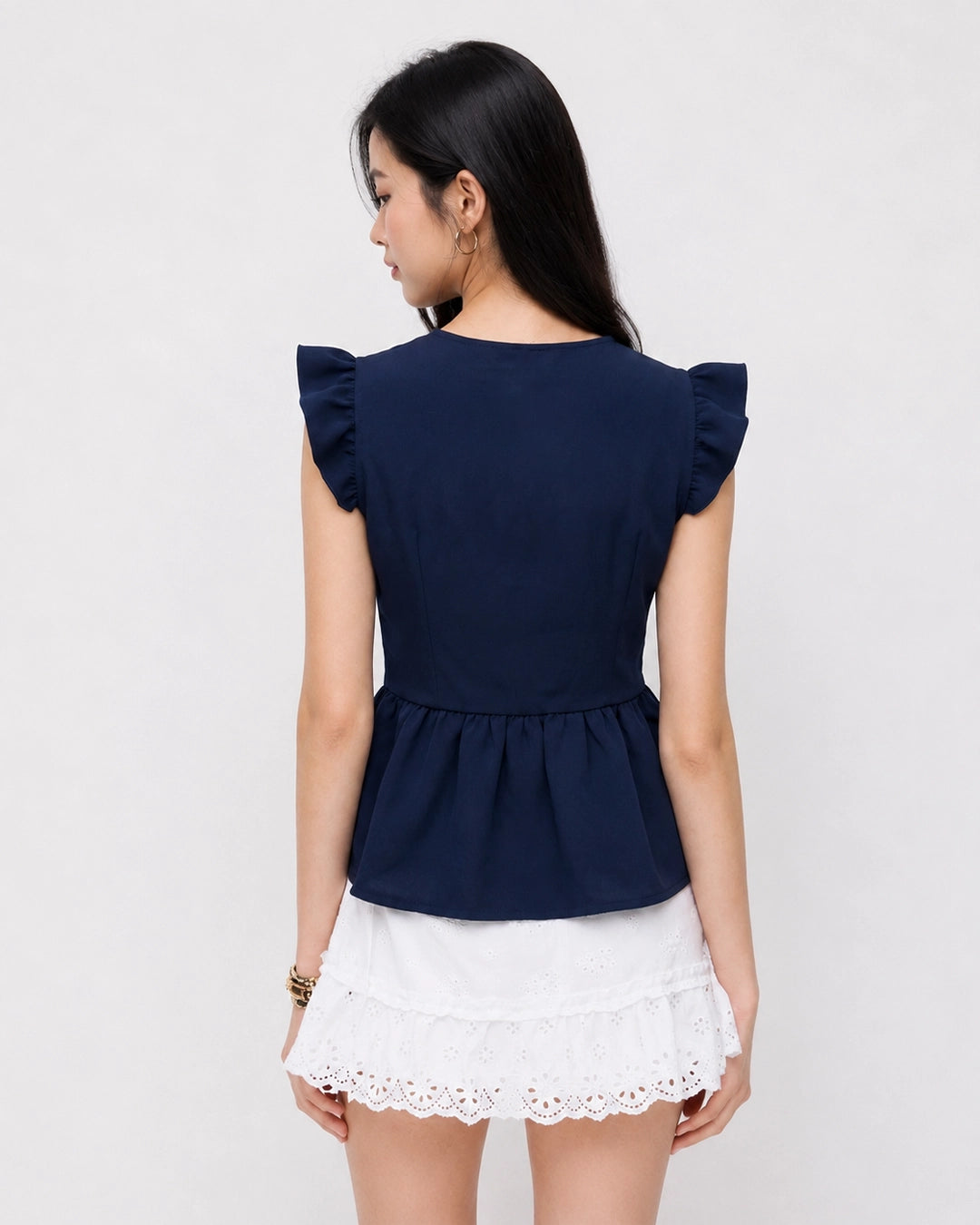 Square Neck Button Front Peplum Top in Midnight Navy Blue