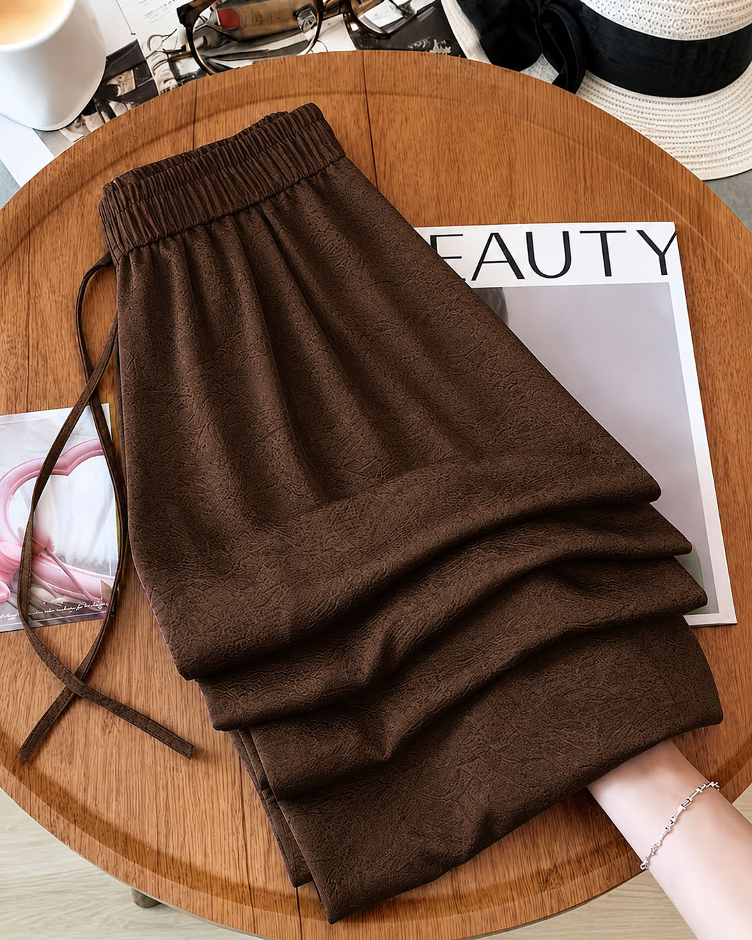 Elastic Waist Wide Leg Pants in Espresso Brown