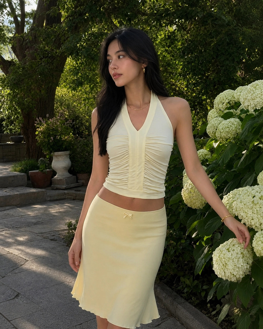 Minimal Halter Neck Ruched Sleeveless Fitted Top in Cream