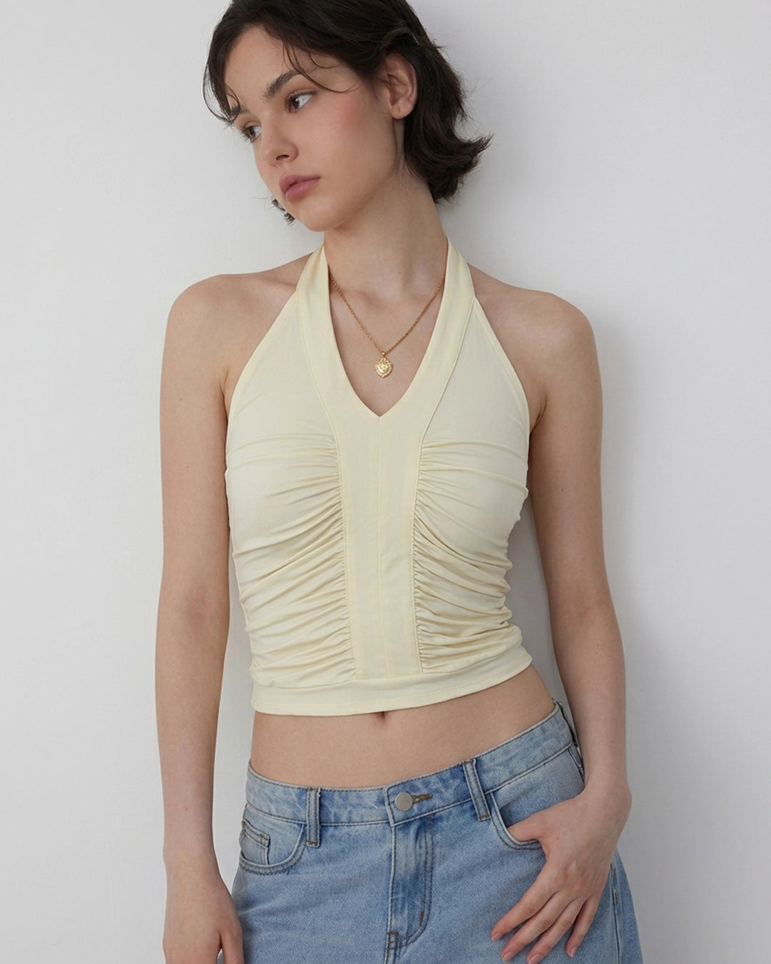 Minimal Halter Neck Ruched Sleeveless Fitted Top in Cream