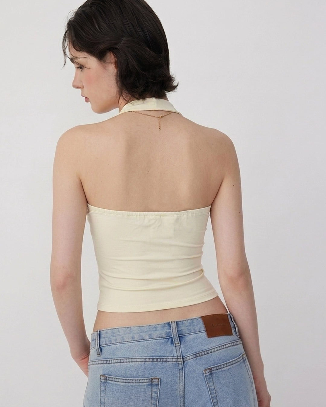 Minimal Halter Neck Ruched Sleeveless Fitted Top in Cream