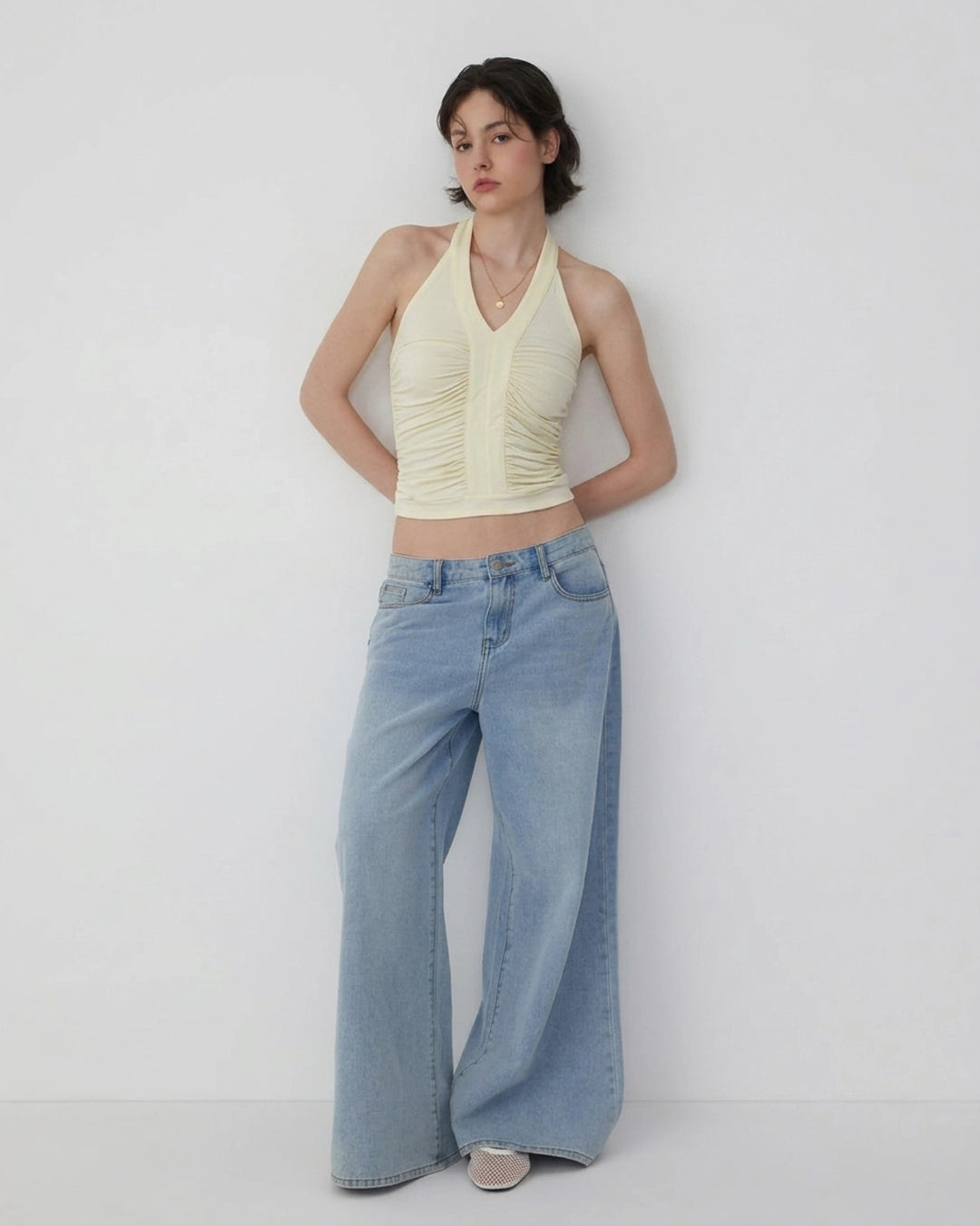 Minimal Halter Neck Ruched Sleeveless Fitted Top in Cream