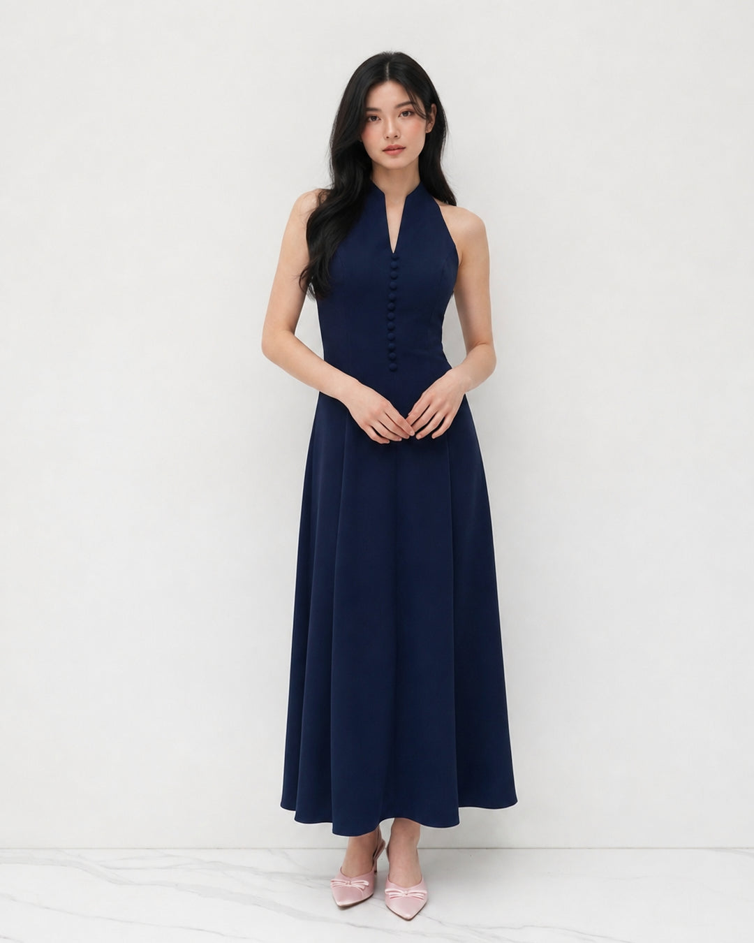 Halter Neck Button Detail Maxi Dress in Midnight Navy Blue