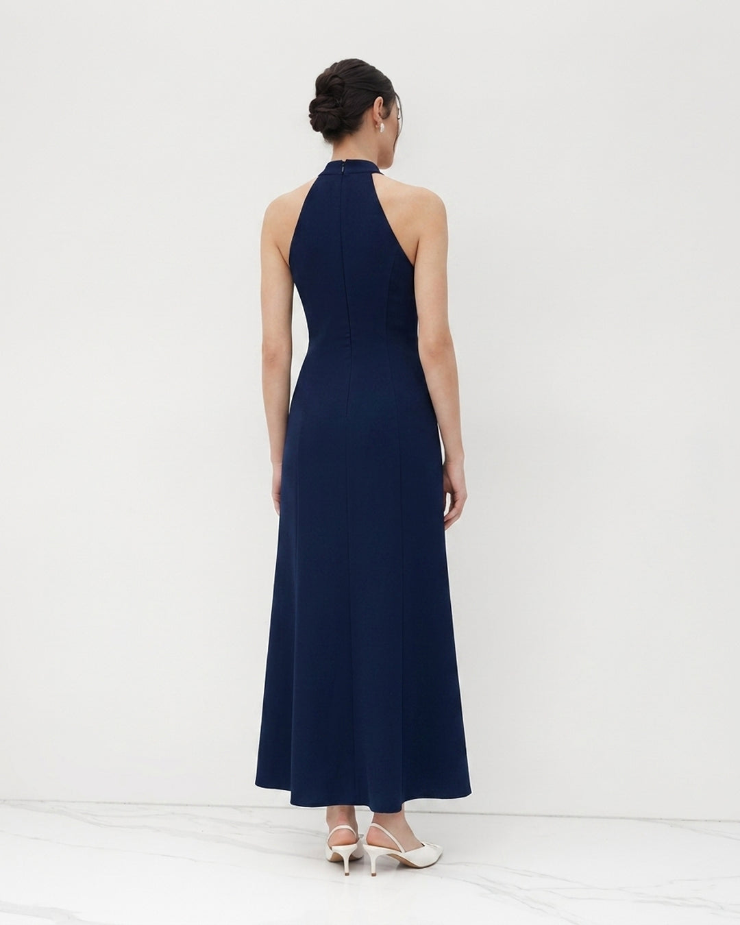 Halter Neck Button Detail Maxi Dress in Midnight Navy Blue