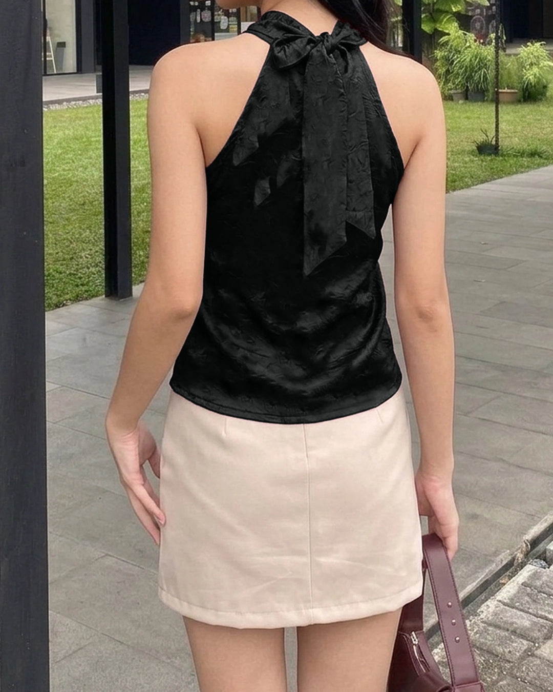 Satin Halter Neck Tie Back Top in Classic Black
