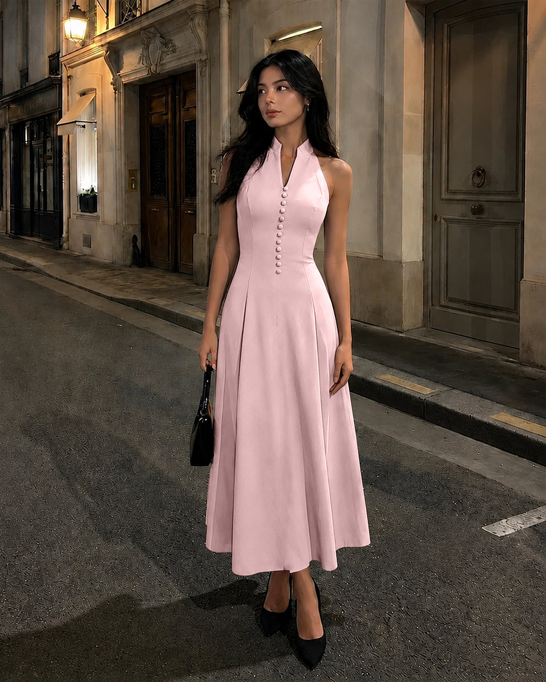 Halter Neck Button Detail Maxi Dress in Baby Pink
