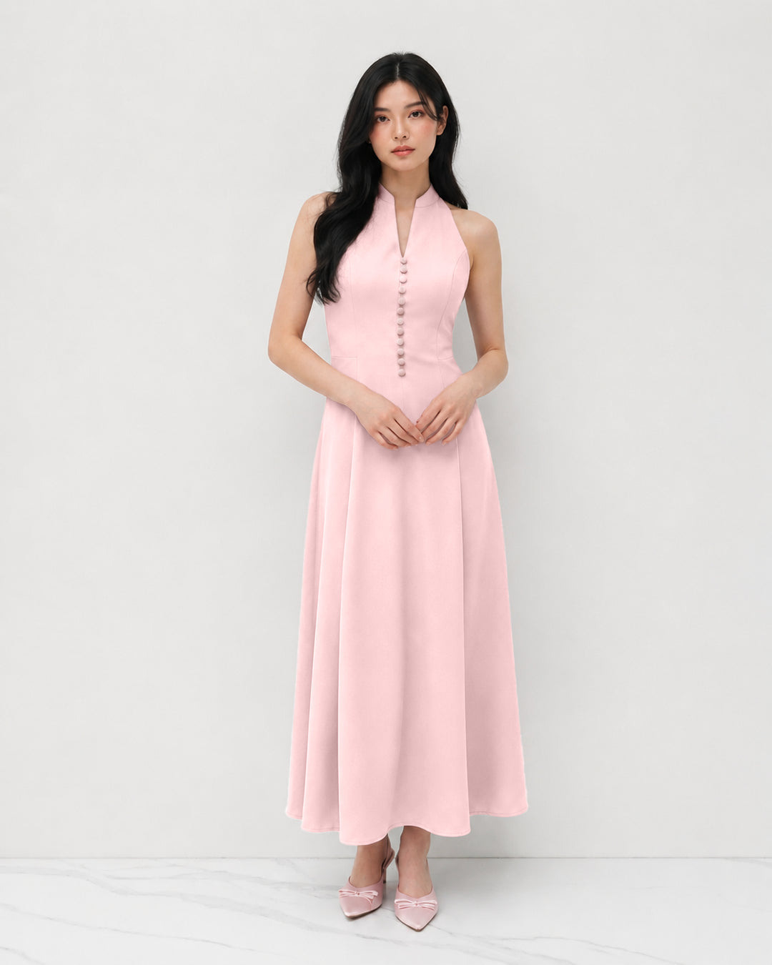 Halter Neck Button Detail Maxi Dress in Baby Pink
