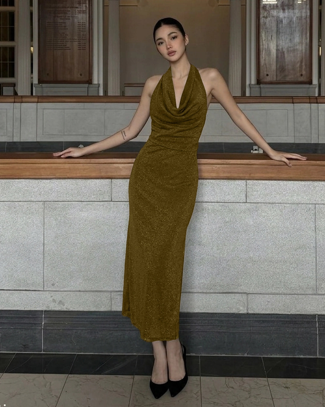 Ruched Halter Neck Sleeveless Midi Dress in Olive Green