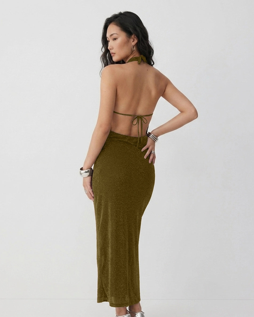 Ruched Halter Neck Sleeveless Midi Dress in Olive Green