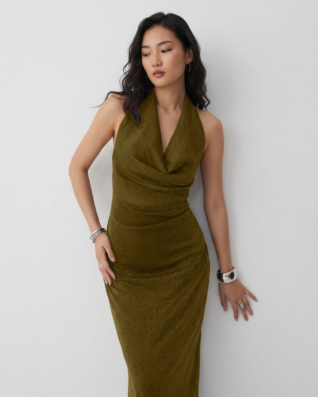 Ruched Halter Neck Sleeveless Midi Dress in Olive Green