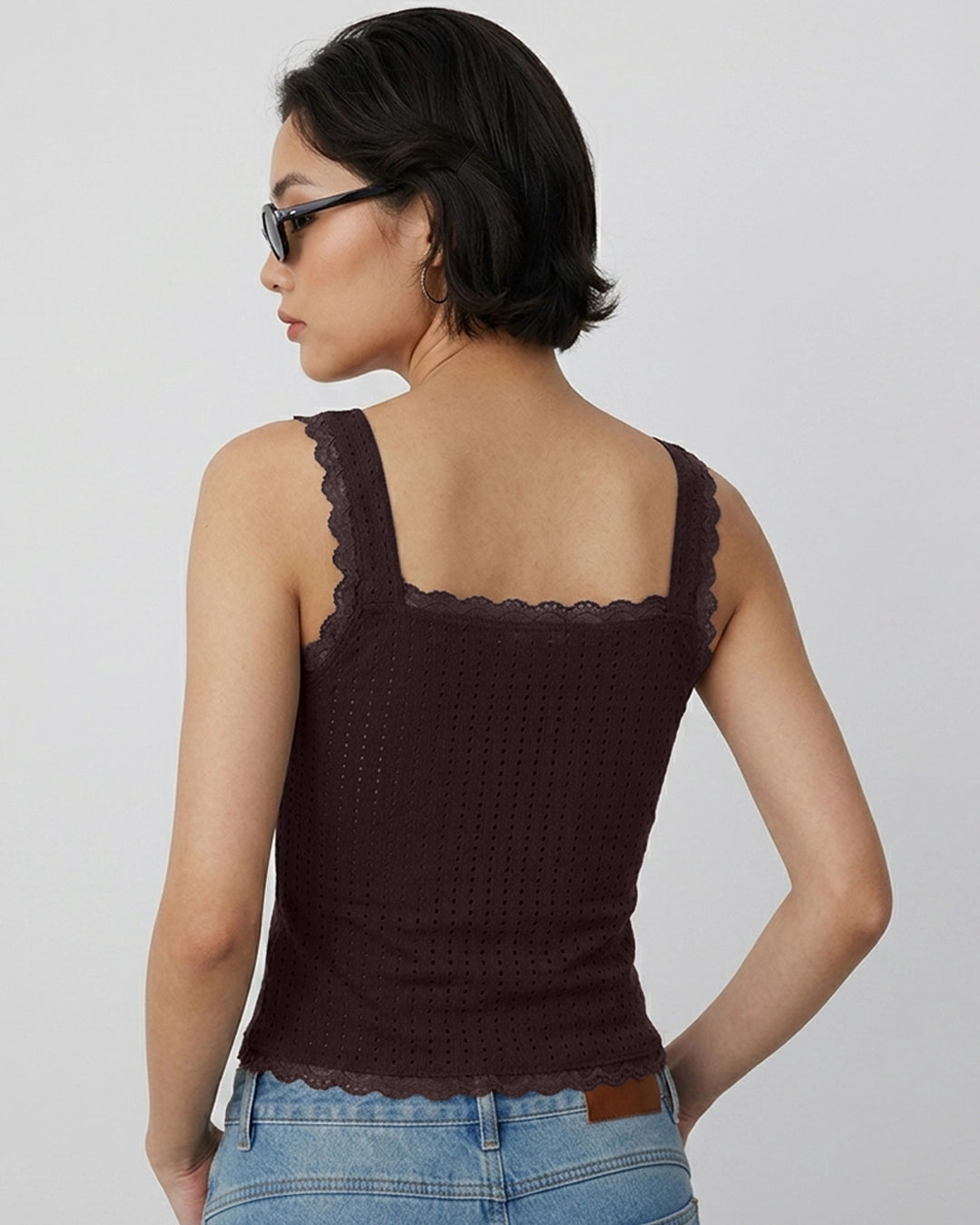 Square Neck Sleeveless Pointelle Knit Cami Top in Cocoa Brown