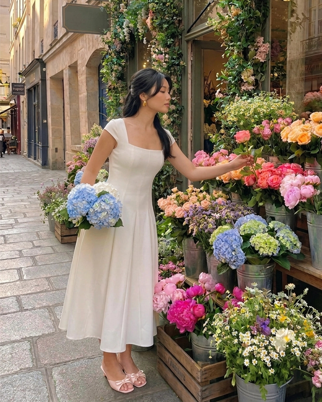 Square Neck Fit and Flare Midi Dress in Pearl White