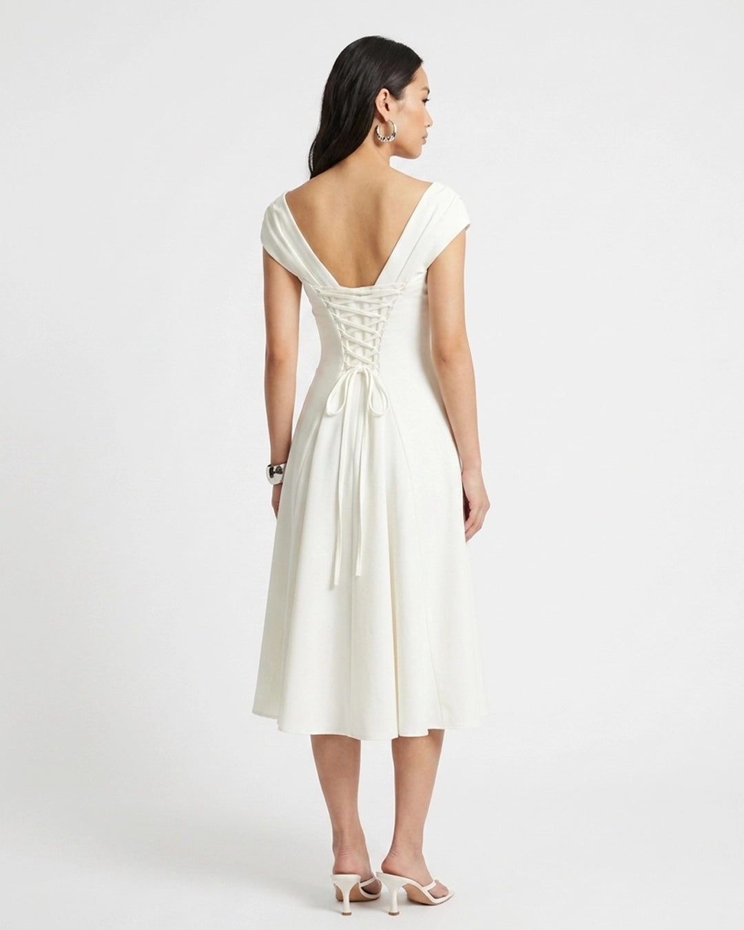 Square Neck Fit and Flare Midi Dress in Pearl White