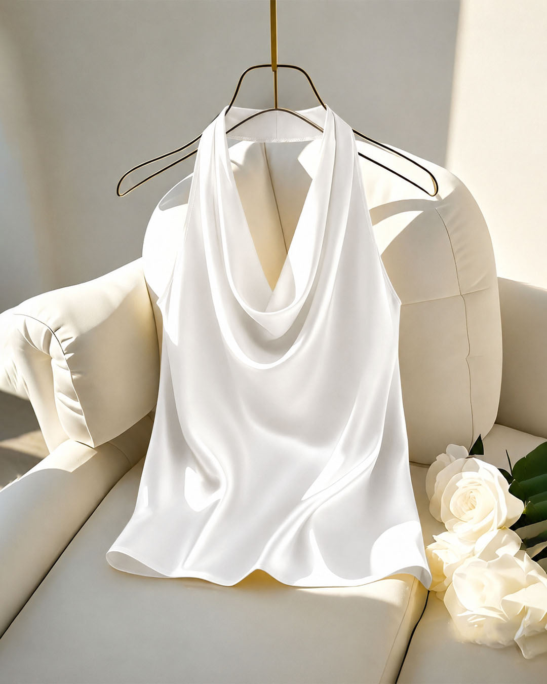 Satin Halter Neck Backless Tank Top in Classic White