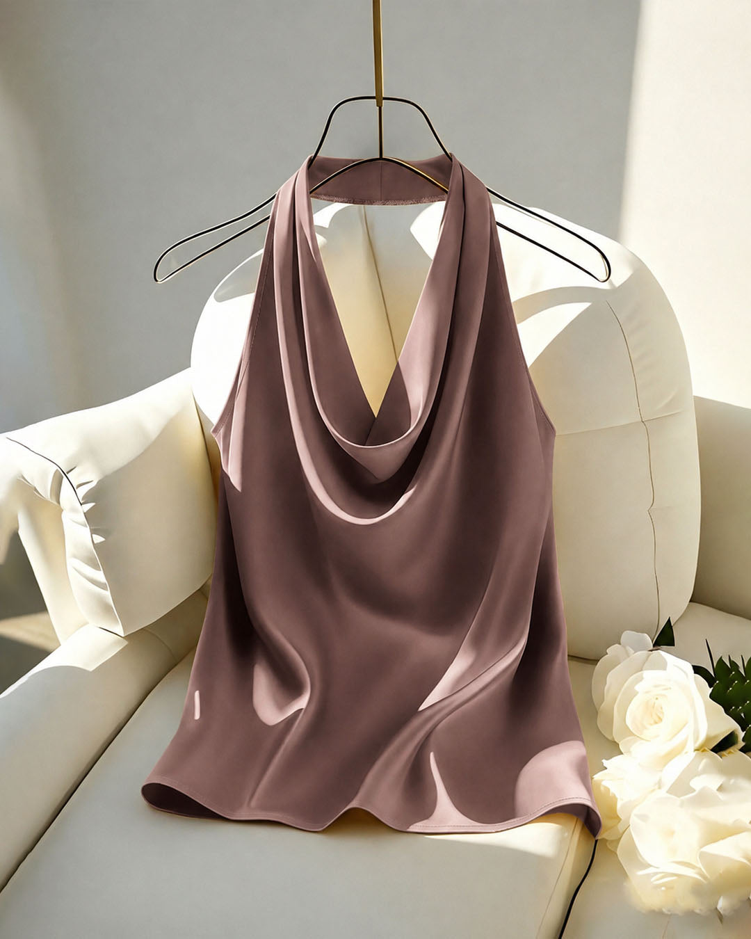 Satin Halter Neck Backless Tank Top in Lilac