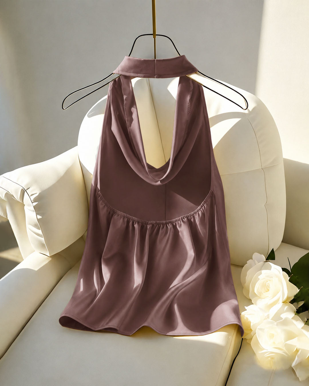 Satin Halter Neck Backless Tank Top in Lilac