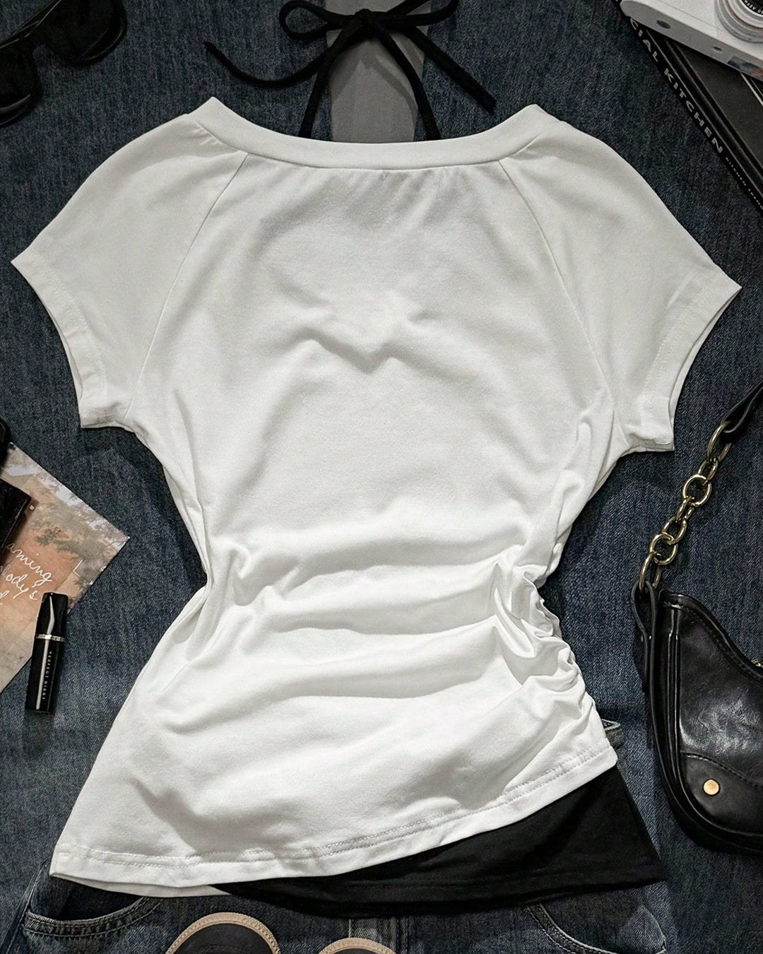 V-Neck Short Sleeve Graphic Print Baby Tee in Classic White