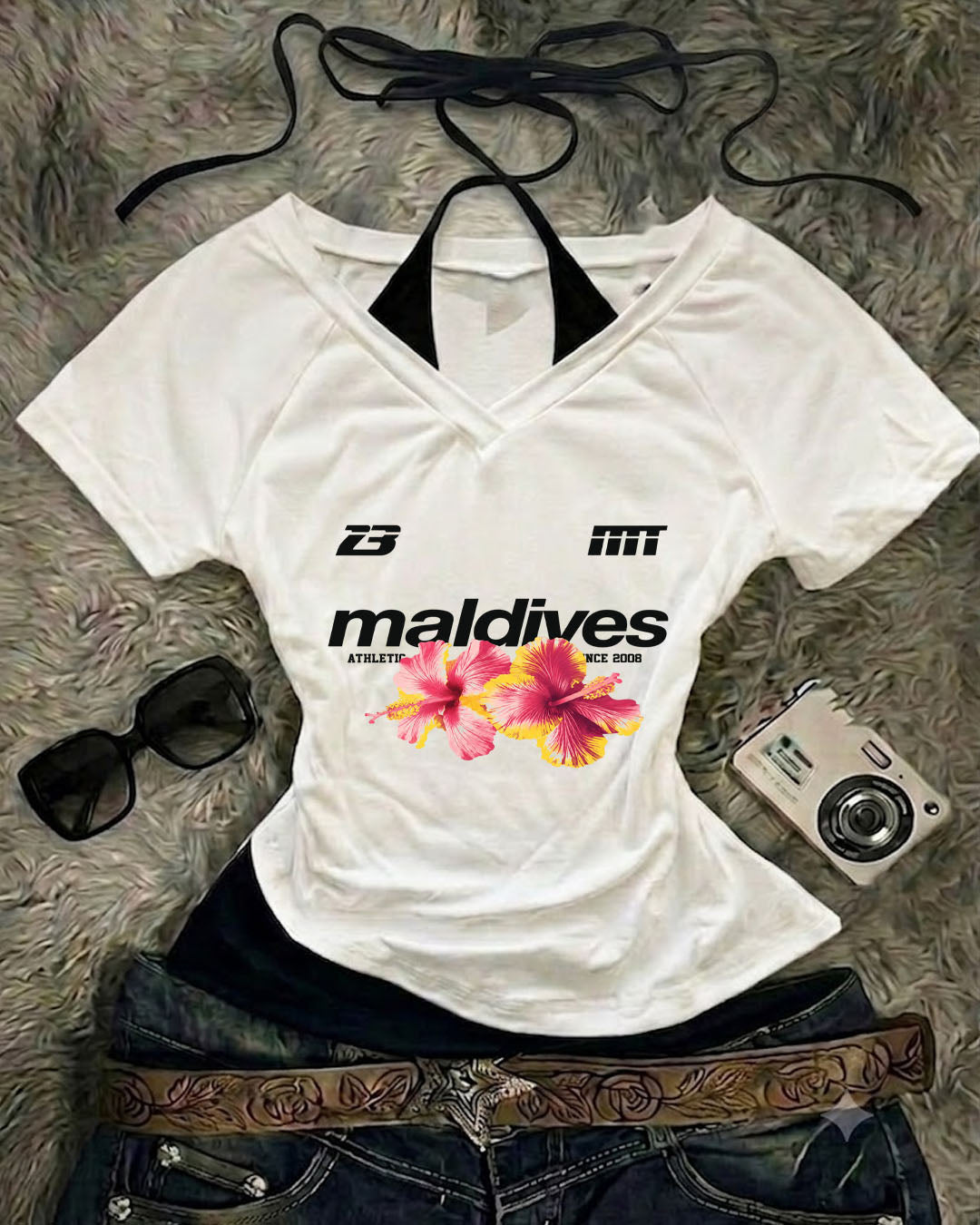 V-Neck Short Sleeve Graphic Print Baby Tee in Classic White