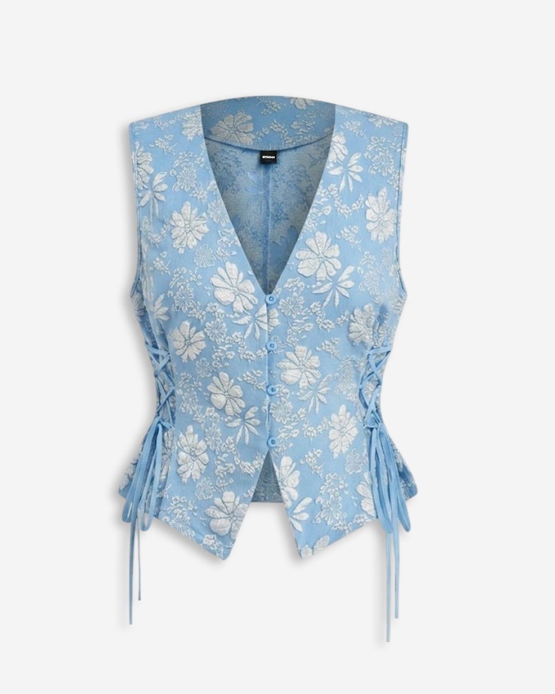 V Neck Floral Jacquard Top in Baby Blue and Classic White